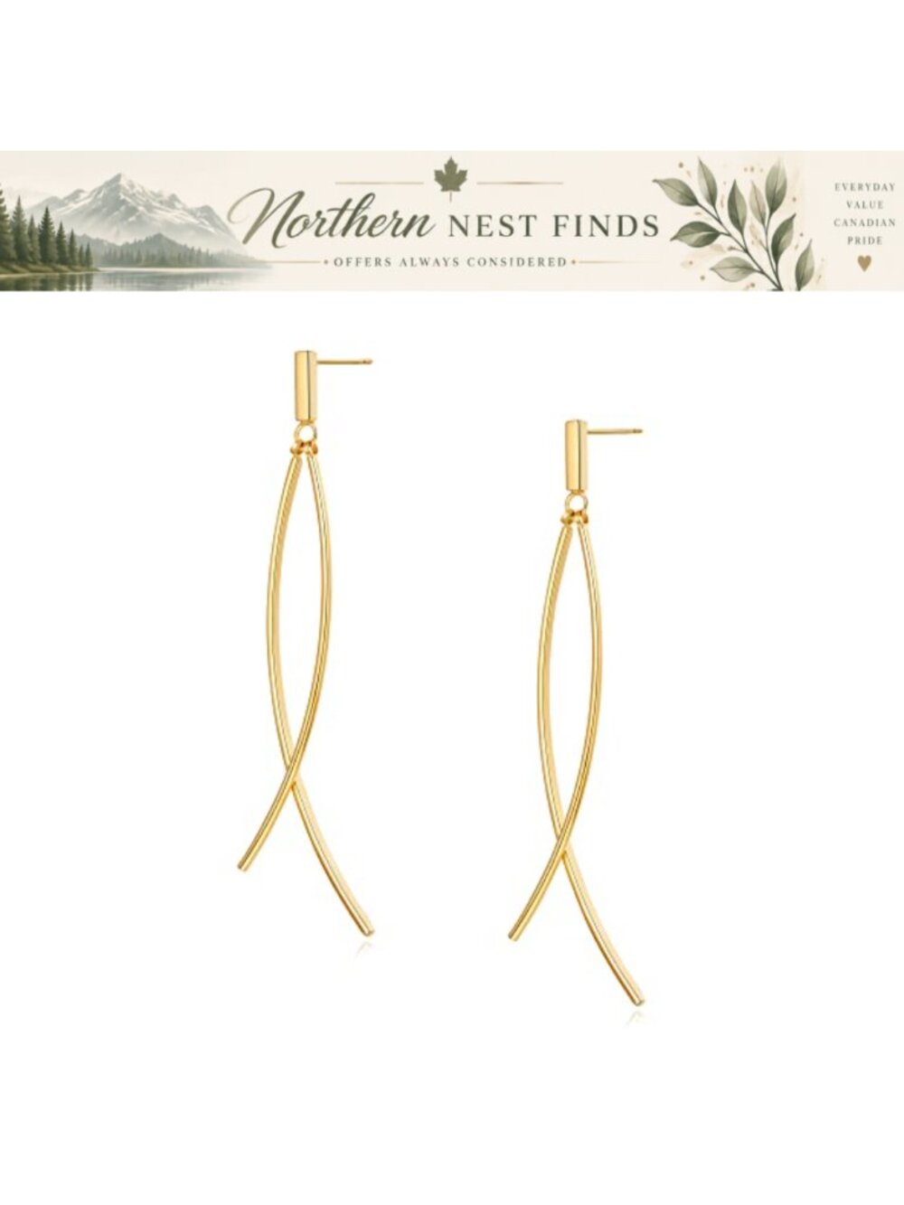 Long Dangle Earrings for Women Gold Plated Brass Thin Curved Metal Bar